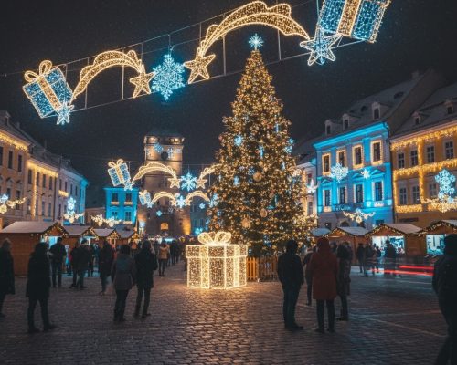 Piață centrală a unui oraș românesc decorată de sărbători cu brad de Crăciun iluminat, instalații luminoase festive, căsuțe de târg și oameni plimbându-se sub ninsoare.