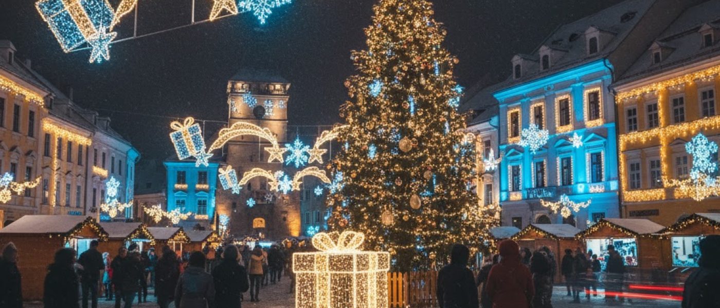 Piață centrală a unui oraș românesc decorată de sărbători cu brad de Crăciun iluminat, instalații luminoase festive, căsuțe de târg și oameni plimbându-se sub ninsoare.